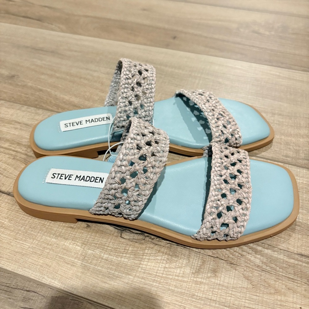 Steve Madden Dutchess Crochet Slide Sandals Blue and Cream size 7